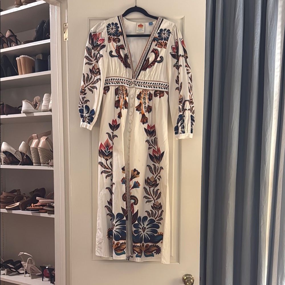 FARM Rio Cream and Blue Maxi Dress with Long Sleeves